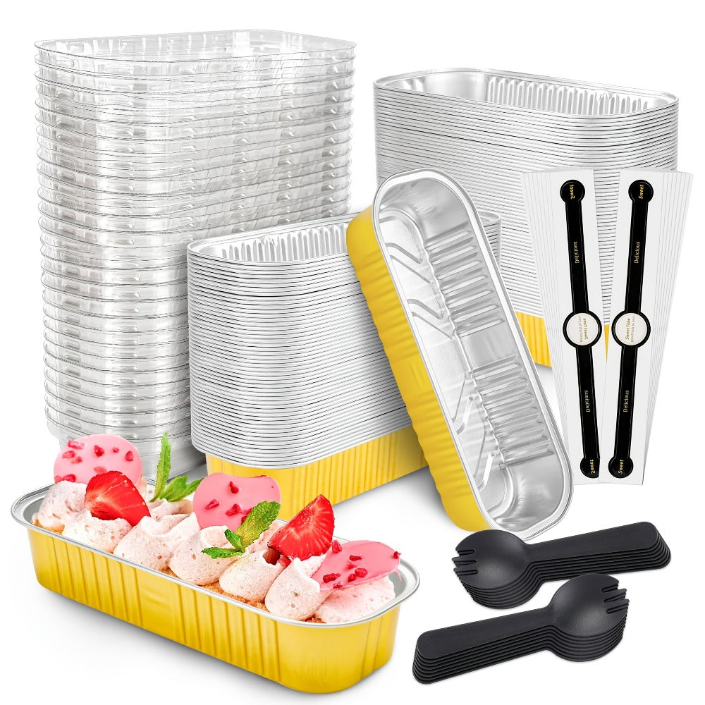 Mini Cake Pans 100 Pack with Lids and Spoons Aluminum Foil Rectangular Disposable Baking Pans 6.8oz for Cheesecake Desserts Gifts Party Catering 6 Colors