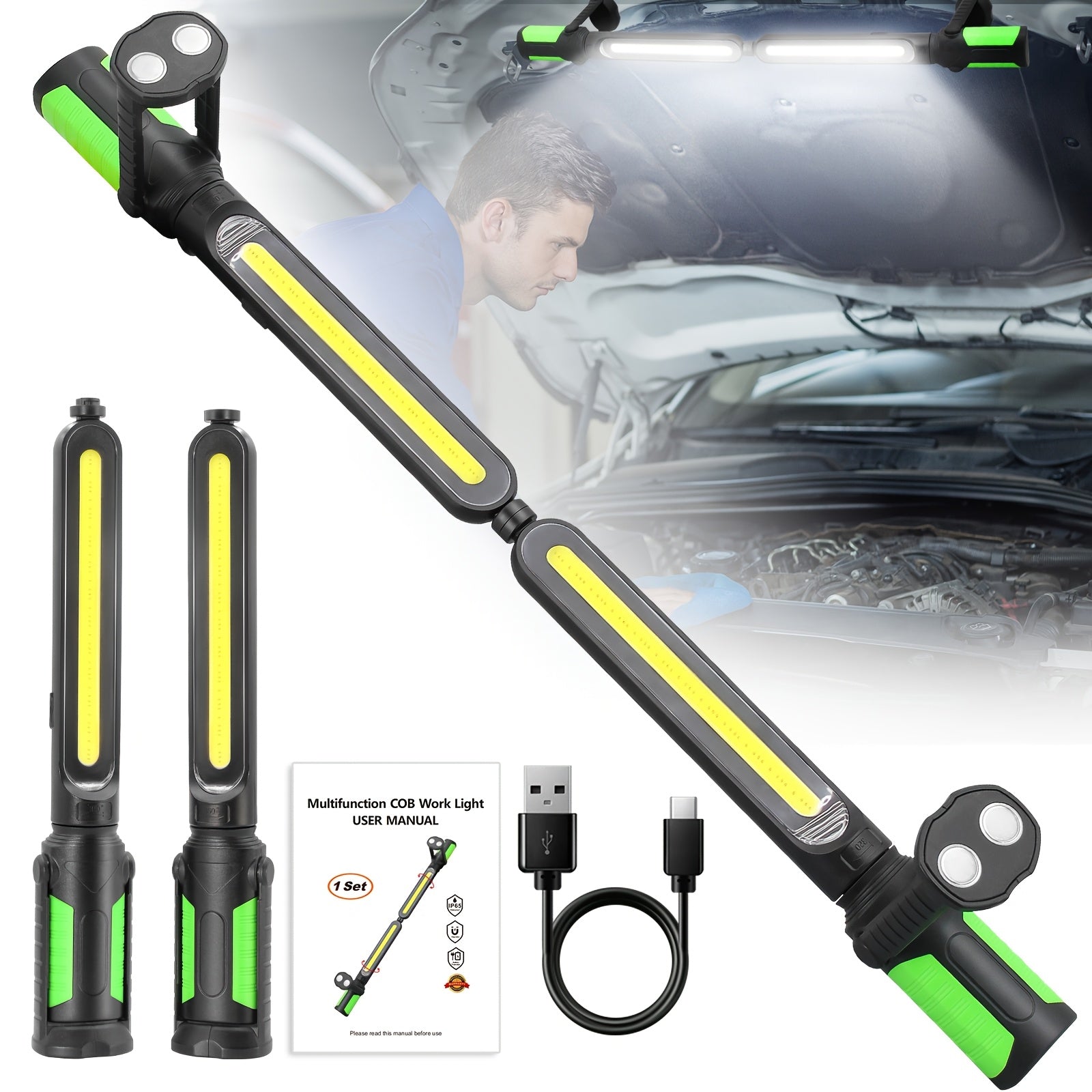 LED Work Light Rechargeable Cordless with Magnetic Base & Hook ¨C Portable Mechanic Floodlight, Adjustable Brightness, Motion Sensor Control, Waterproof for Car Repair, Workshop, Garage, Outdoor & Emergency Use
