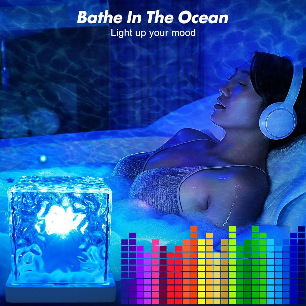 RGB Night Light Rechargeable 16-Color Ocean Wave Projection Lamp - Rotating Flame Water Ripple Remote Dimming for Bedroom Bar Restaurant Display Cabinet Decor