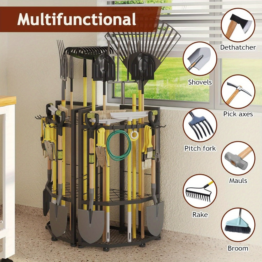 Wall Mount Tool Organizer Rack - Heavy Duty Metal Garden Tool Storage with Hooks for Shovels, Rakes & Long-Handled Tools | Garage, Shed & Backyard Corner Utility Storage