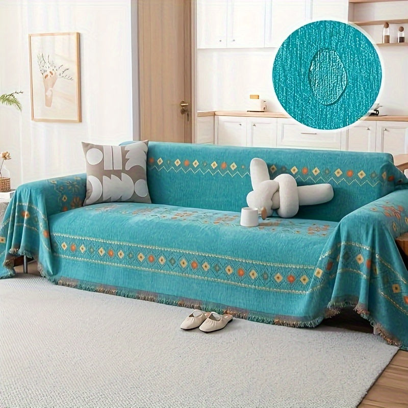 Bohemian Embroidery Chenille Sofa Cover 300GSM - Machine Washable Knit Weave Slipcover for 2 3 4 Seater Sectional Sofa No Padding, 5 Colors