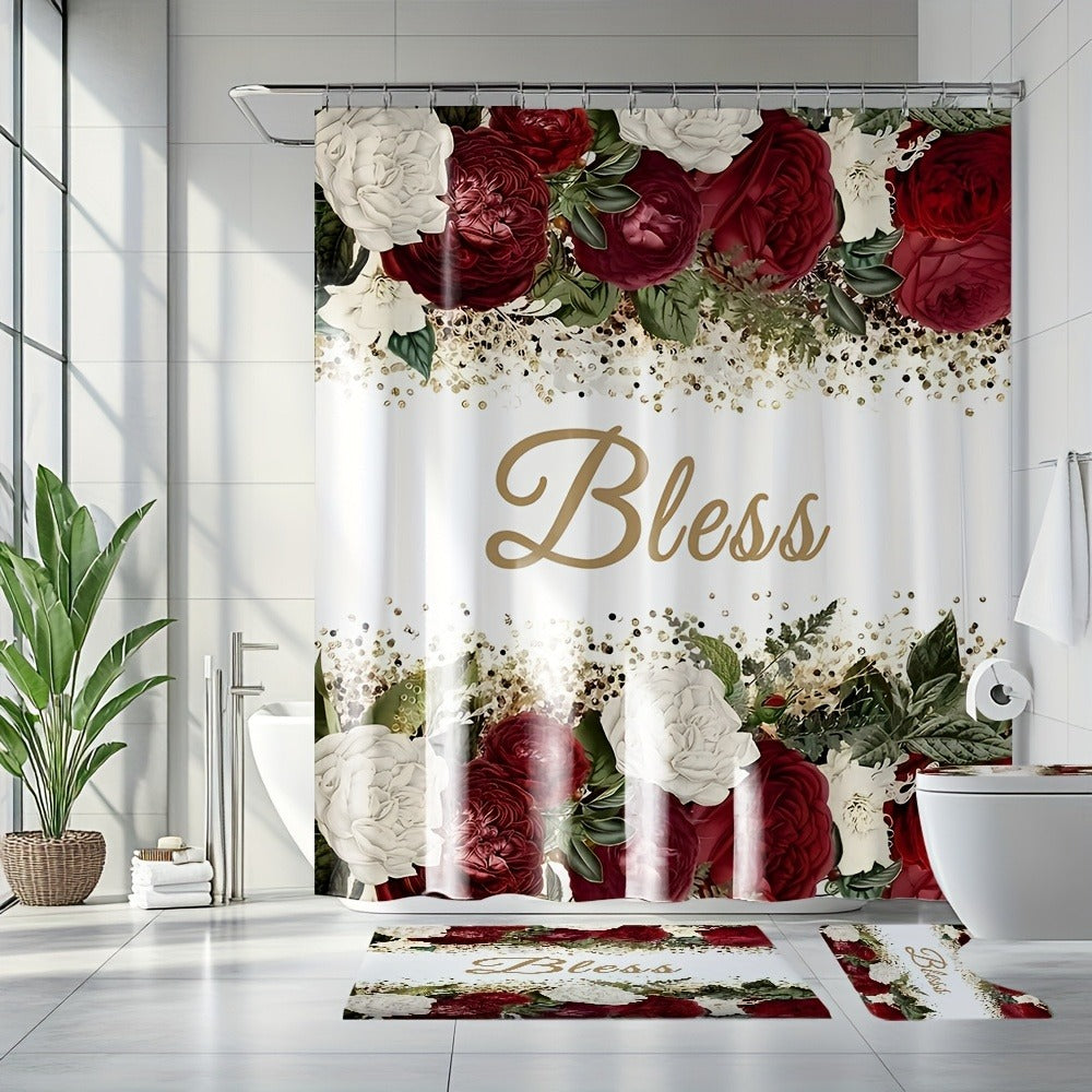 Rose Print Shower Curtain 4-Piece Bathroom Set ¨C Toilet Lid Cover Mat Machine Washable with 12 Hooks Elegant Floral Decor