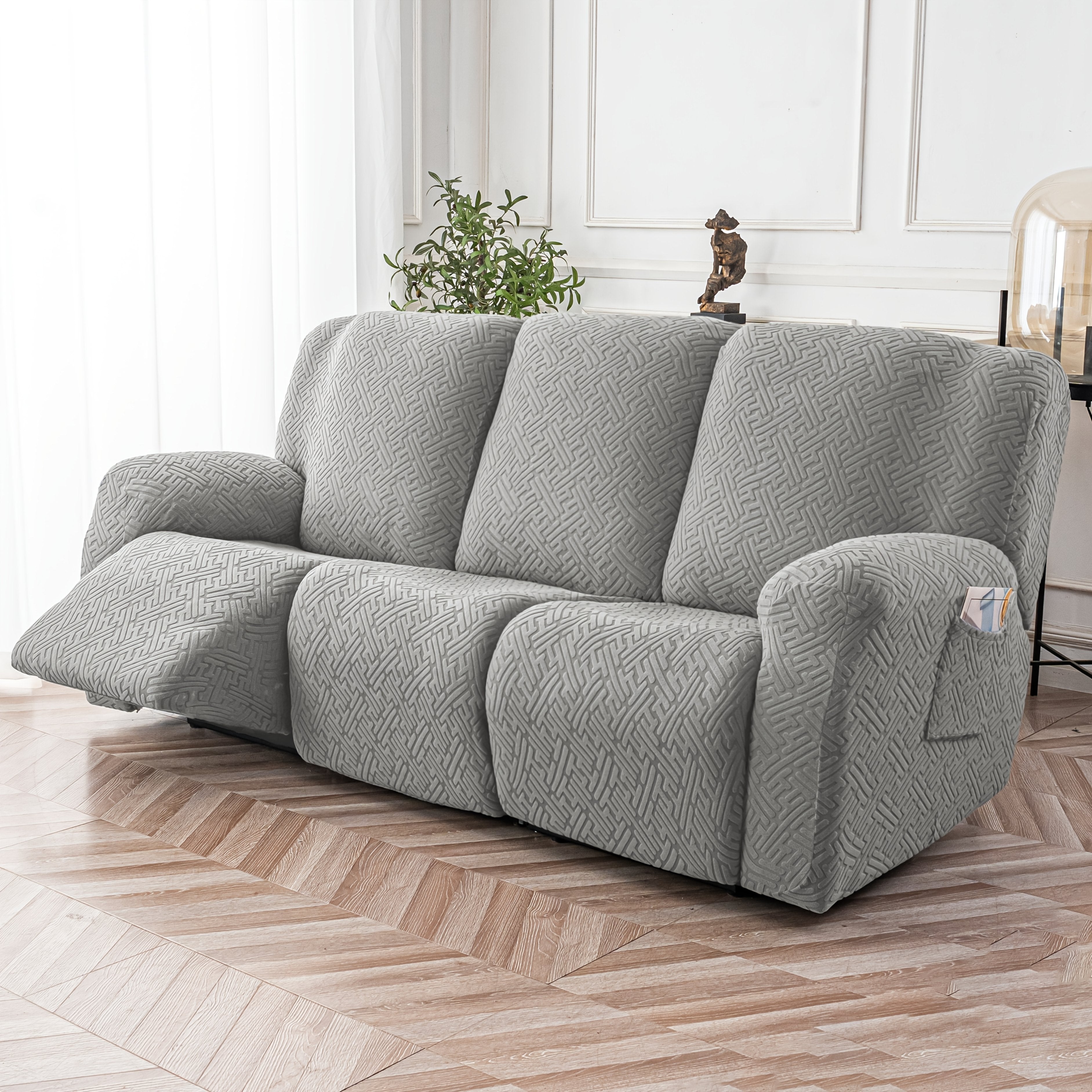 Recliner Sofa Slipcover Set 8pcs 3-Seat Jacquard Furniture Protector with Pocket Flexible Soft Slide Sleeve Cover for Sofa Couch Office Living Room Home Decor Multiple Colors
