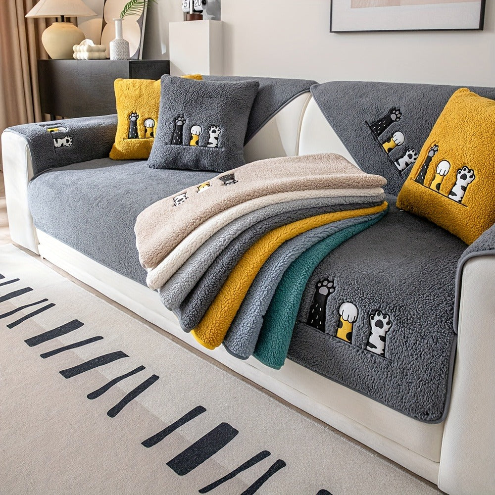 Sherpa Sofa Cover Cat Paw Embroidered Thick Plush Couch Slipcover Non-Slip Seat Cushion Protector Pet-Friendly Machine Washable Furniture Cover for Living Room Home Decor