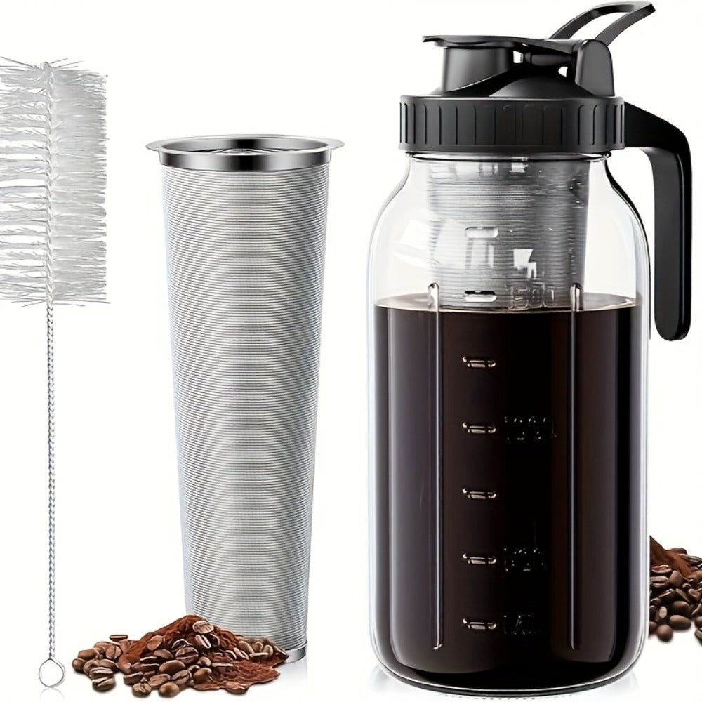 Cold Brew Coffee Maker with Stainless Steel Filter & Cleaning Brush - Large Capacity Glass Mason Jar Pitcher for Home, Kitchen, Bar & Restaurant, Professional Cold Brew Pot for Smooth Concentrate