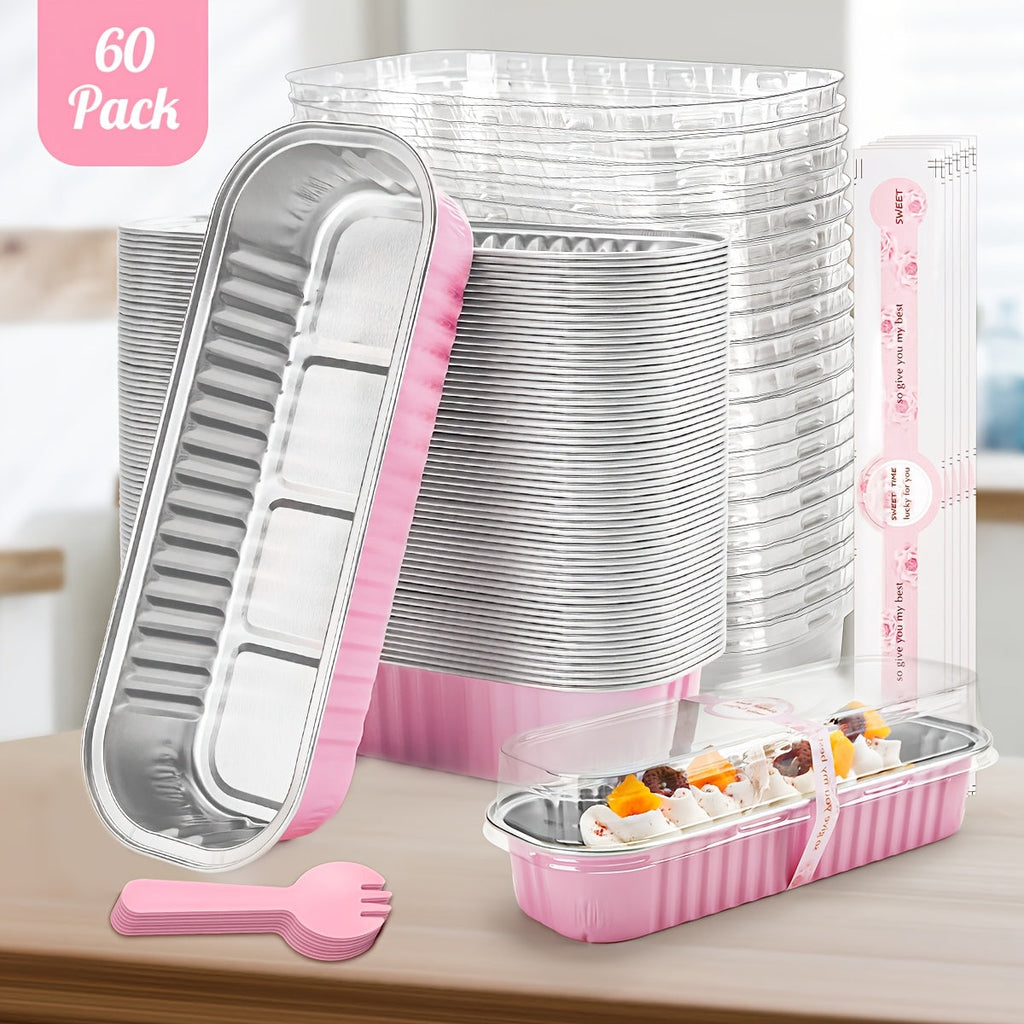 Mini Loaf Pans 60pcs Aluminum Foil Rectangular with Lids and Spoons 6.8oz Mini Cheesecake Containers Individual Portion Baking Pans for Desserts Gifts Pink