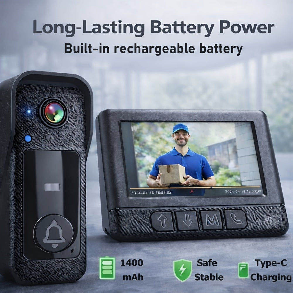 WiFi Video Doorbell with 4.3 Inch Indoor Monitor | Waterproof Night Vision Two-Way Audio Rechargeable Battery | Auto Photo Video Recording Senior Friendly Real-Time Monitoring