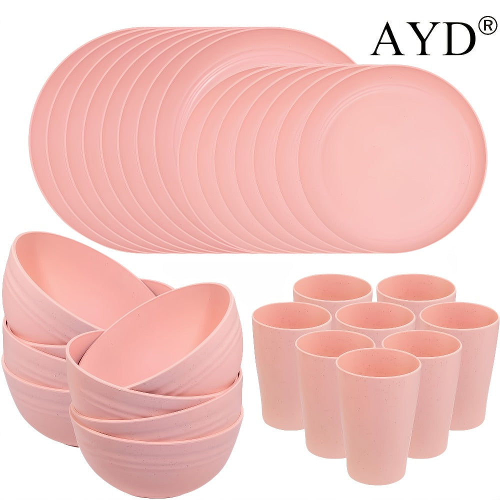 Wheat Straw Dinnerware Set 16 or 32 Piece ¨C Plates & Bowls for 4 or 8 People, Microwave & Dishwasher Safe Plastic Dish Set, Lightweight Colorful Tableware for Home, Party & Holiday