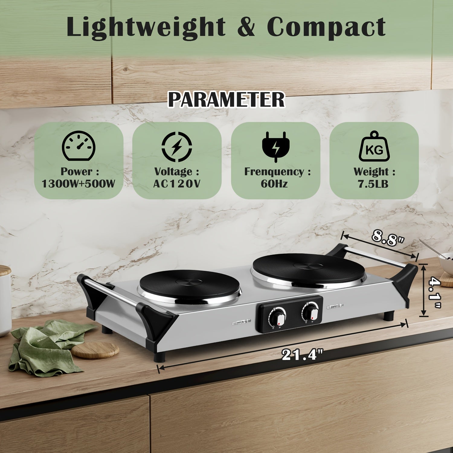 Hot Plate Electric Burner with Temperature Control ¨C Dual Size Coil Burners 7.4in & 6.1in, Countertop Electric Stove for Daily Cooking, Dorm, Office & Travel, Multiple Colors Available