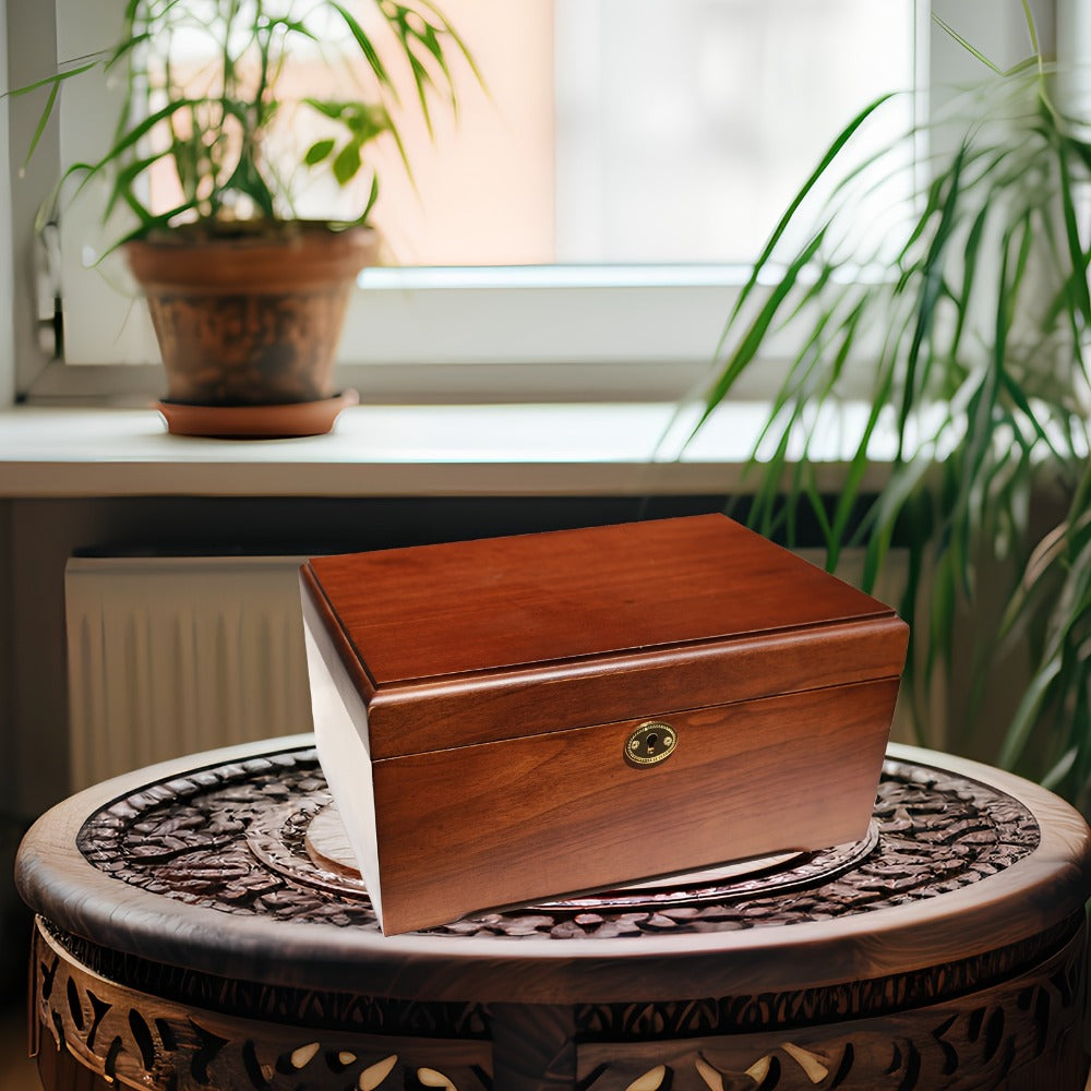Wooden Jewelry Box with Lock Handcrafted Vintage Wood Storage Chest Hinged Lid Key Lock Multipurpose Organizer Keepsakes Home Office Decor 11x8.5x5.25 Inch