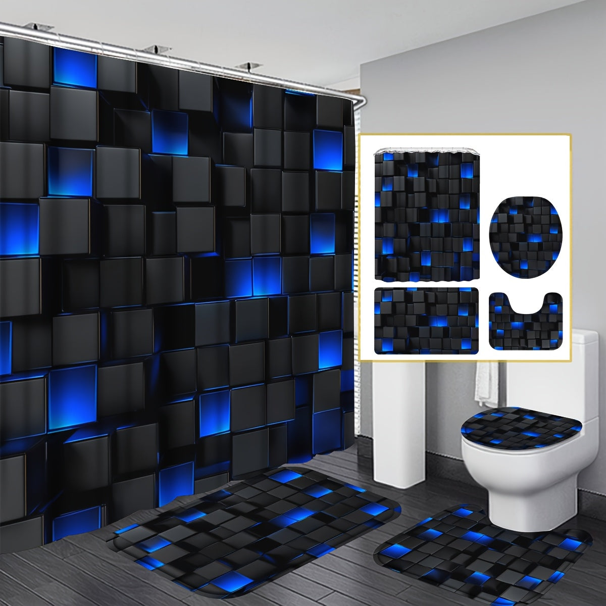 Shower Curtain Set with 12 Hooks & Toilet Seat Cover, 4-Piece Bathroom Set Dark Blue Geometric Abstract Cube Pattern, Modern Waterproof Bath Curtain Set for Bathroom Decor