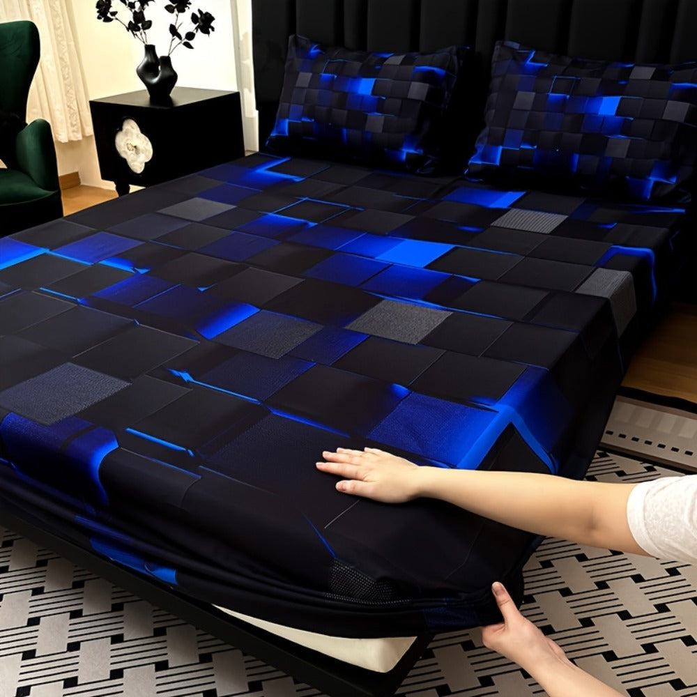 Fitted Sheet Set 3 Piece Digital Print Plaid - Deep Pocket 15 Inch Bed Sheet with 2 Pillowcases, 85% Polyester Soft Breathable Bedding Set for Twin Full Queen King, All Season Mattress Cover