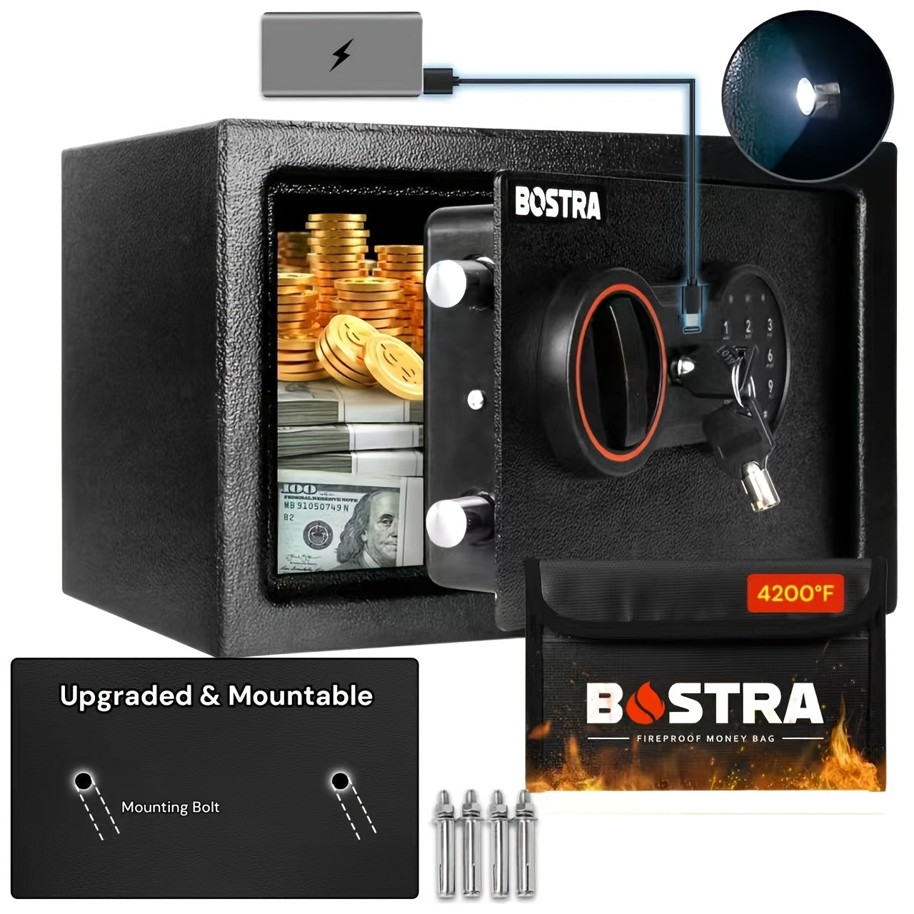 Fireproof Safe Box with Keyboard Lock ¨C ROLOWAY Home & Office Security Safe with Fireproof Bag, Multiple Sizes, Black & Pink Options