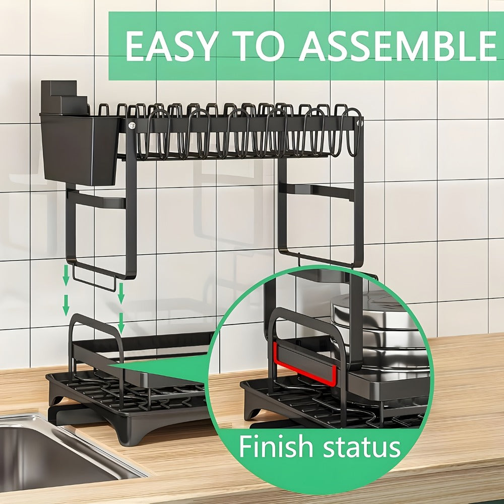 Two-Tier Dish Drying Rack with Drainboard - Metal Kitchen Dish Holder with Drainage for Countertop, Two-Level Dish Drainer for Plates, Cups & Utensils, Single or Double Layer, Black White Gray