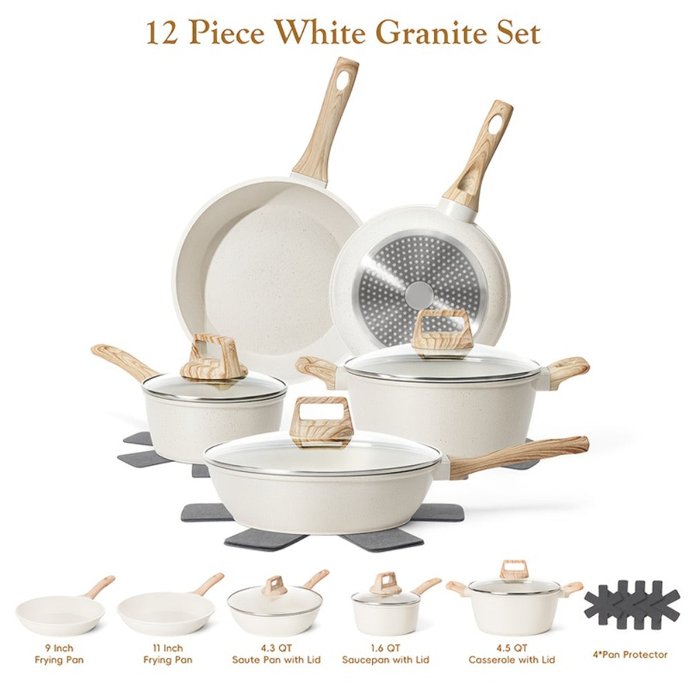 Cookware Set 12 Piece Pots and Pans Set Non-Stick Granite Coating with Frying Pans Casserole Saucepan Glass Lids Pan Protectors Compatible with All Stovetops Including Induction