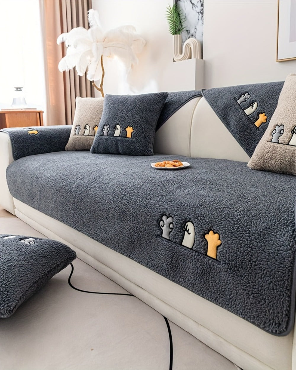 Plush Shearling Sofa Cover Non-Slip Pet-Friendly Couch Protector Animal Bone Embroidery Soft Warm for Living Room Bedroom Office 2 3 4 Seater
