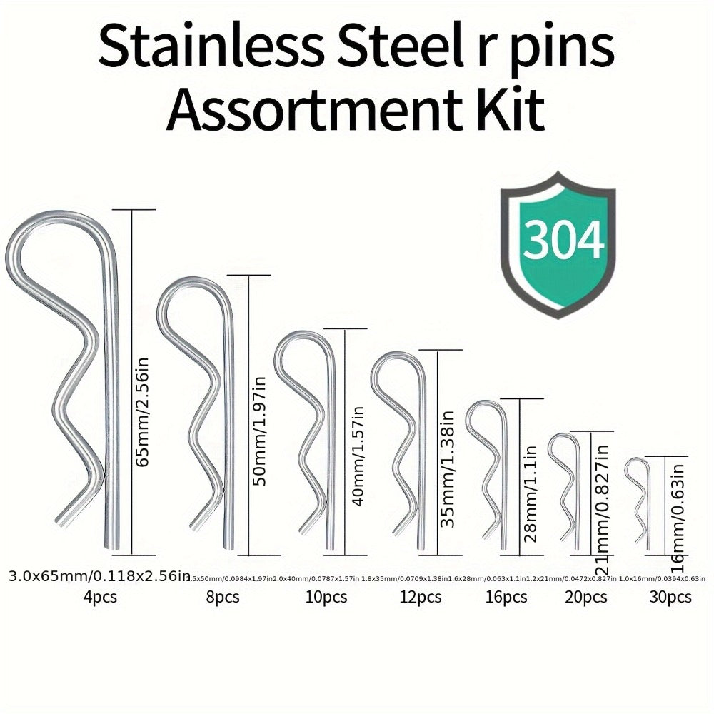 100pcs Stainless Steel R Cotter Pin Assortment Kit ¨C R-Clip Spring Retaining Pins 7 Sizes for Trailer Hitch Automotive Marine Lawn Mower & Agricultural Machinery
