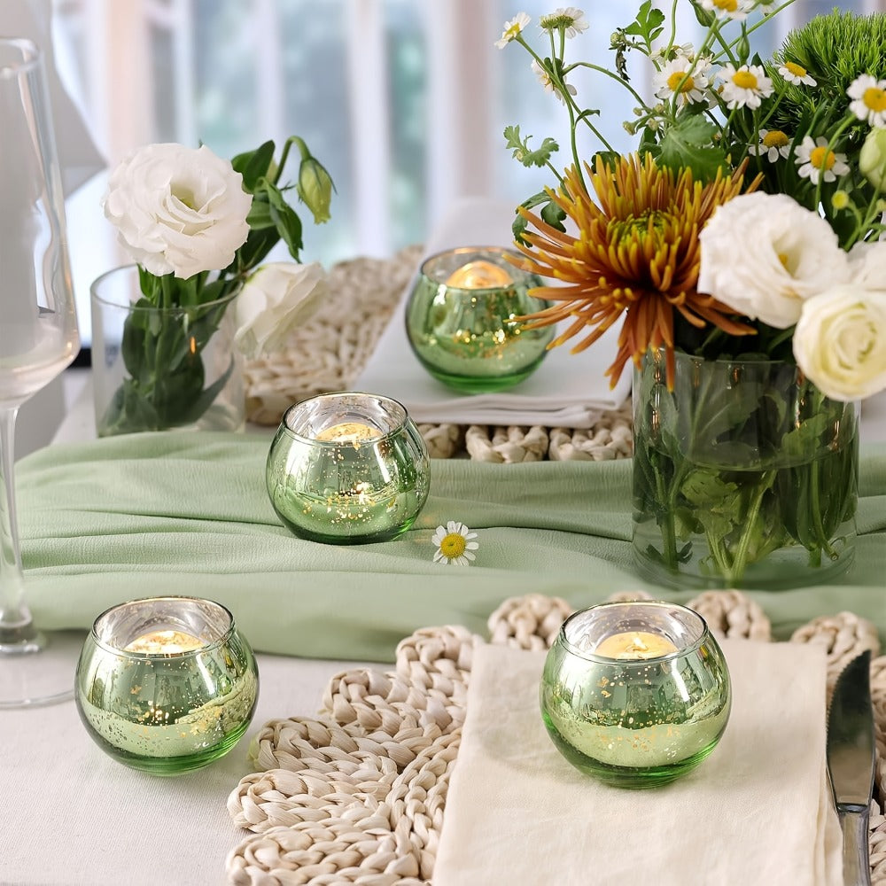 Votive Candle Holders Bulk - High Temperature Glass Hurricane Candle Holders for Weddings, Parties & Romantic Dinners, Starlight Shimmer Effect, Set of 6/12/24, Golden, Pink, Silver & Green