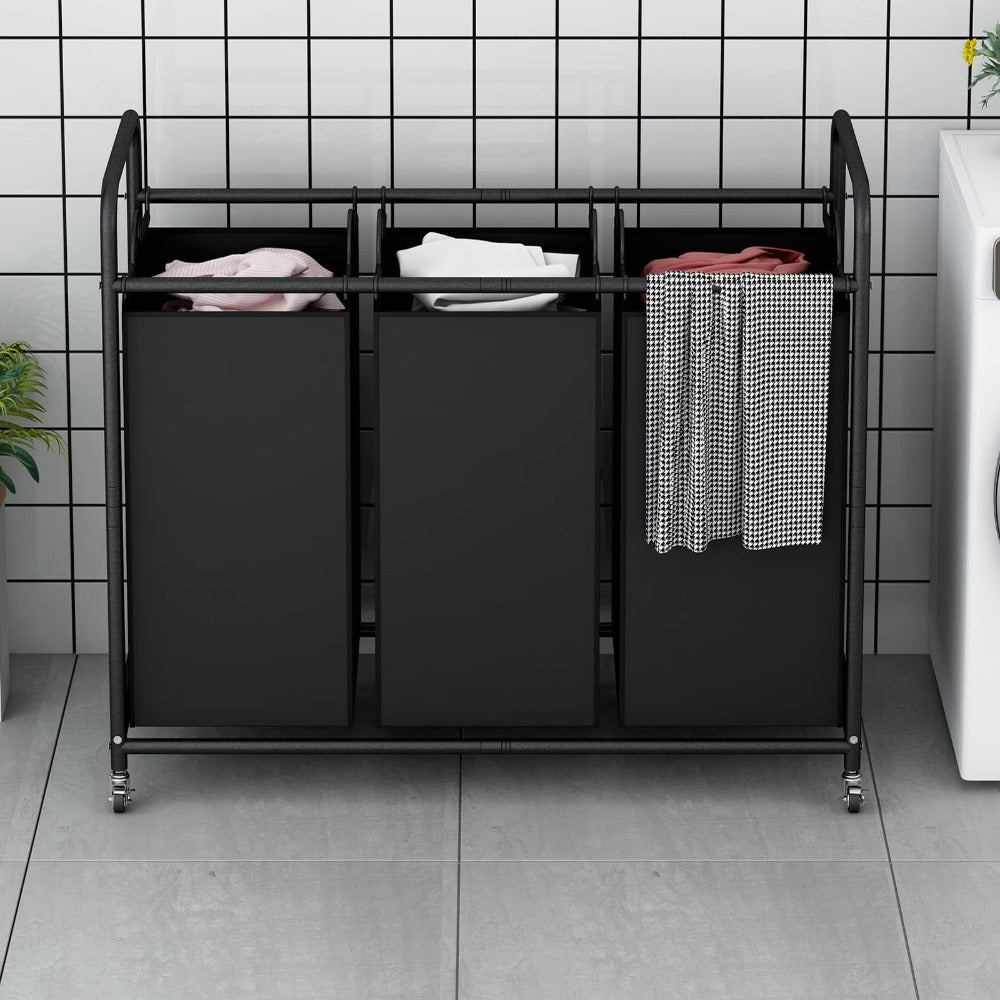 3-Bag Laundry Sorter Cart 63.4 Gallon ¨C Rolling Hamper with Lockable Wheels & Removable Bags, Heavy-Duty Fabric Laundry Basket for Bedroom & Laundry Room, Black Gray Beige Brown