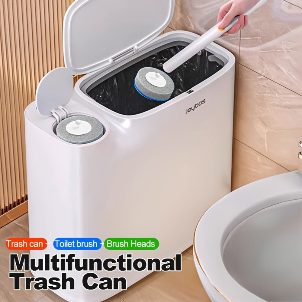 Toilet Brush and Trash Can 2-in-1 Set - Disposable Brush Heads Slim 7.7L Bathroom Waste Bin with Push Lid Hygienic No-Touch Cleaning System Space Saving ABS Plastic | White | RV Apartment Small Bathroom