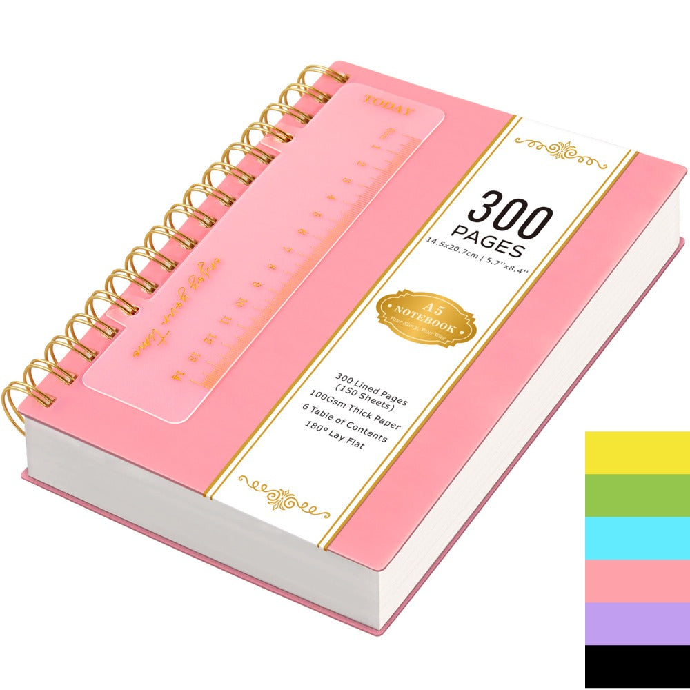 Hardcover Spiral Notebook A5 Lined Journal 300 Pages 100GSM Thick Paper PVC Waterproof Cover College Ruled Note Pad for Women Men Office School 5.7x8.4 Inch