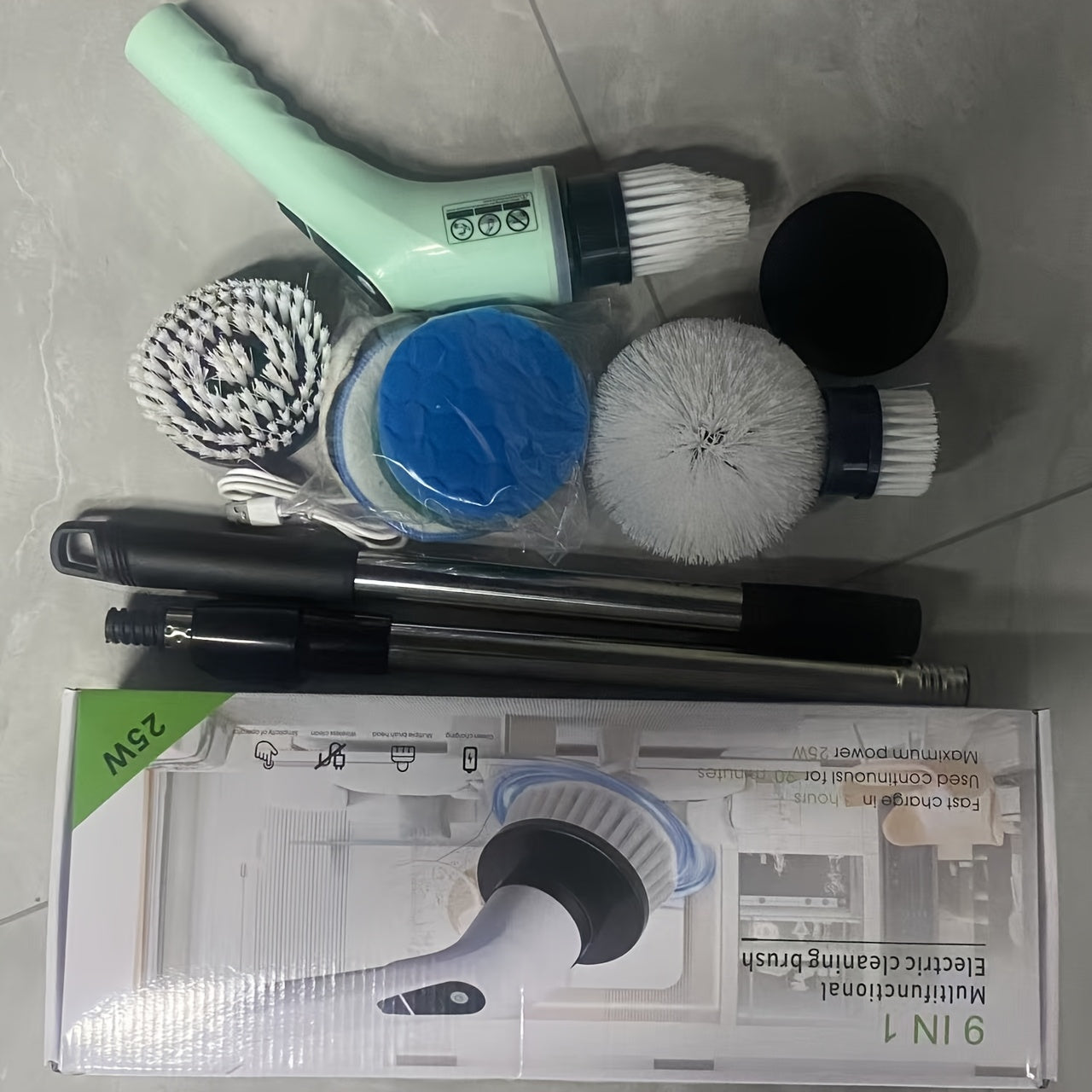 Electric Spin Scrubber with 9 Interchangeable Brush Heads 5 Speed Settings & 3 Extendable Handles - Power Scrubber for Bathroom Kitchen Tile Floor Carpet, Cordless Rotary Cleaning Brush Green White