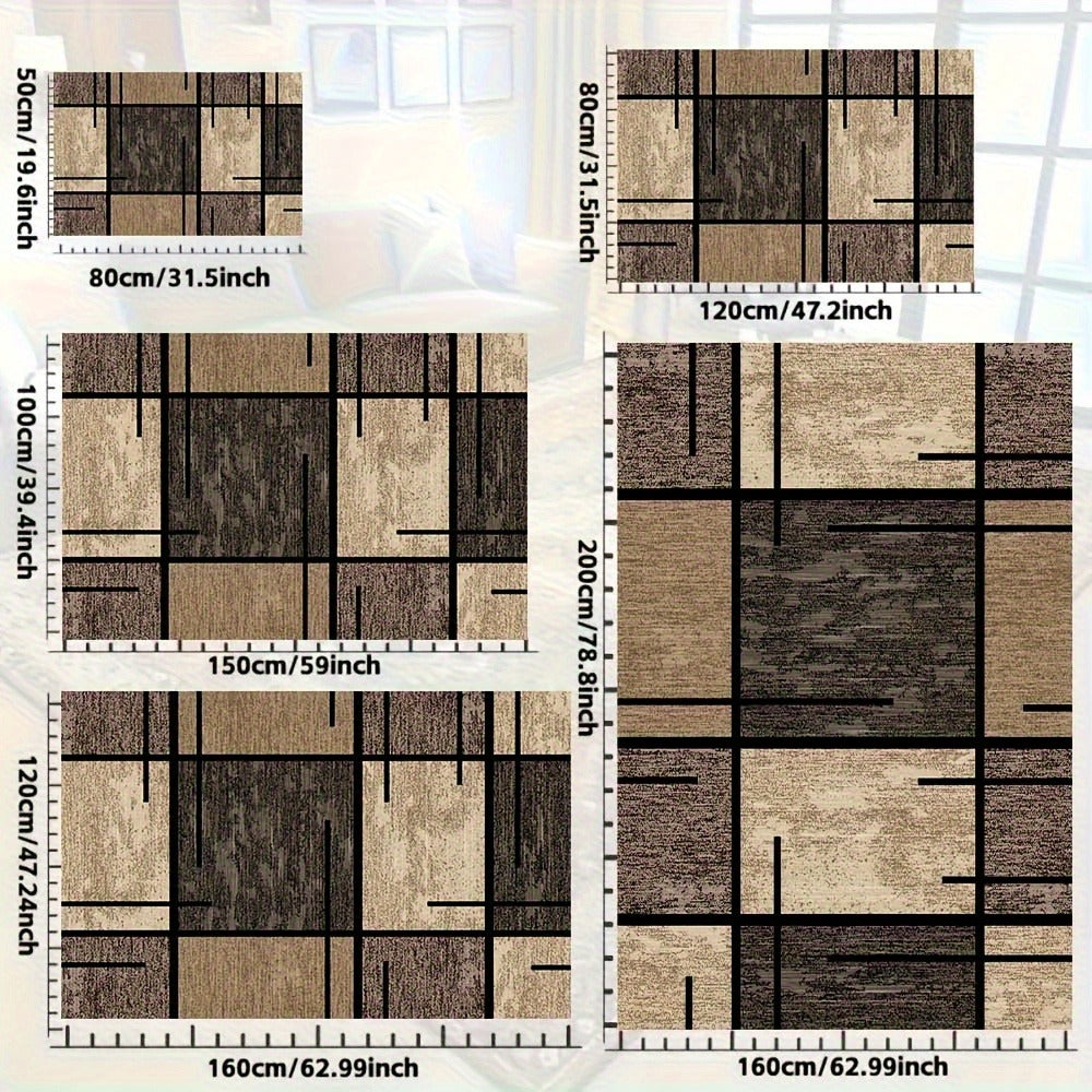 Machine Washable Area Rug Geometric Beige Brown Velvet 850 GSM Fade-Resistant Polyester Carpet for Living Room Bedroom Dining Room Office Non-Slip Rectangle Floor Rug