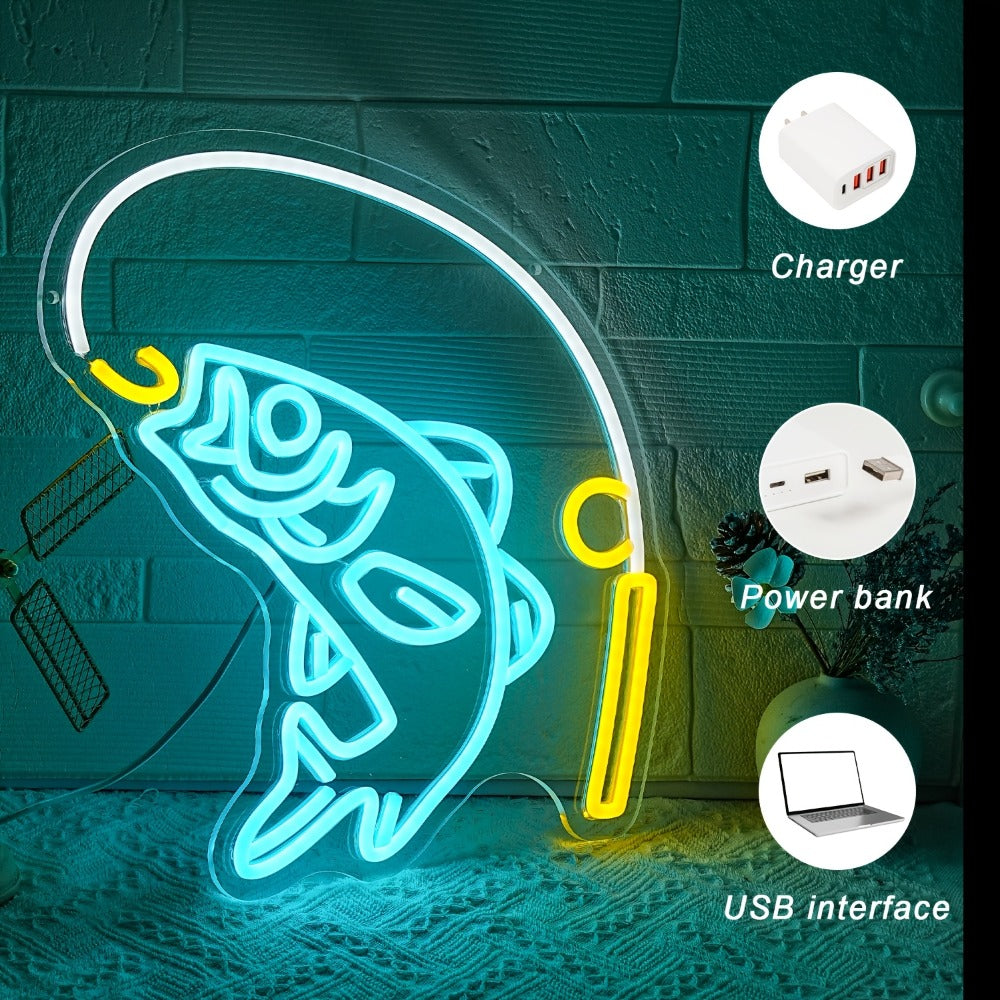Fishing Neon Sign LED Wall Decor ¨C Dimmable Multicolor Go Fishing Hook Neon Light for Man Cave, Bedroom, Tackle Shop, Bar & Game Room, Fly Fishing Gift & Unique Wall Art