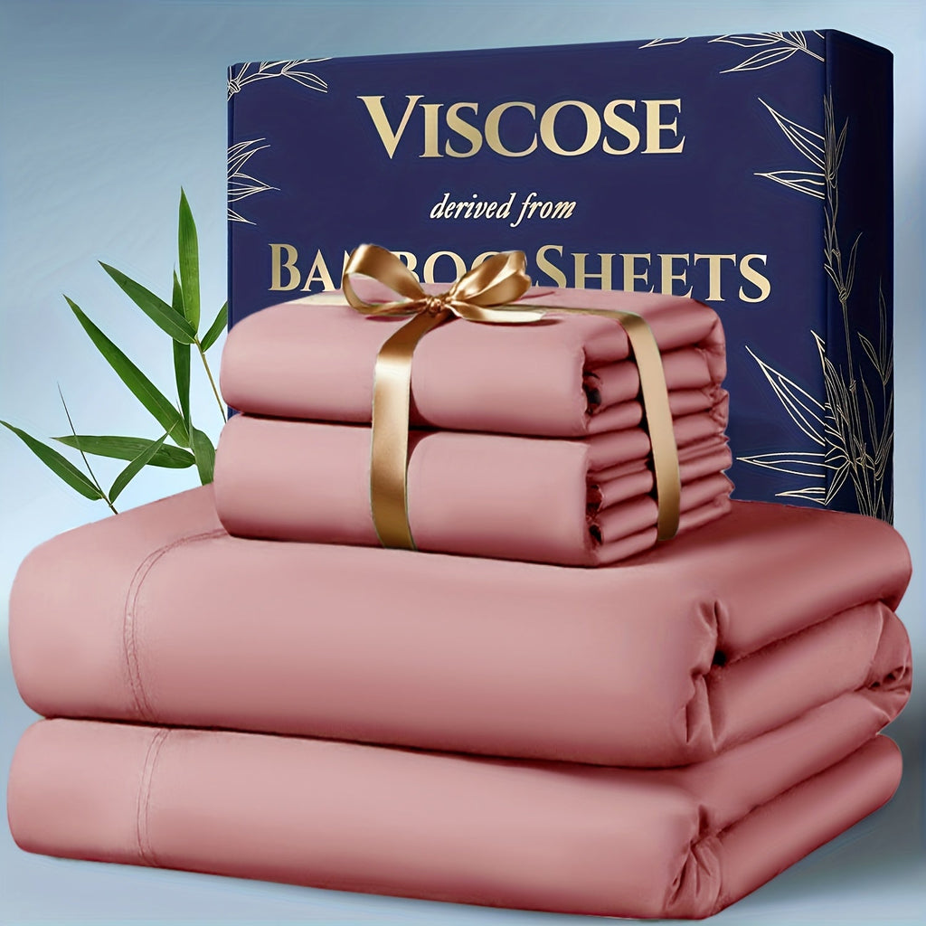 Bamboo Cooling Bedding Set 4pcs - Deep Pocket Fitted Sheet, Flat Sheet & Pillowcases for Hot Sleepers, Breathable Soft Viscose Sheets Twin Full Queen King