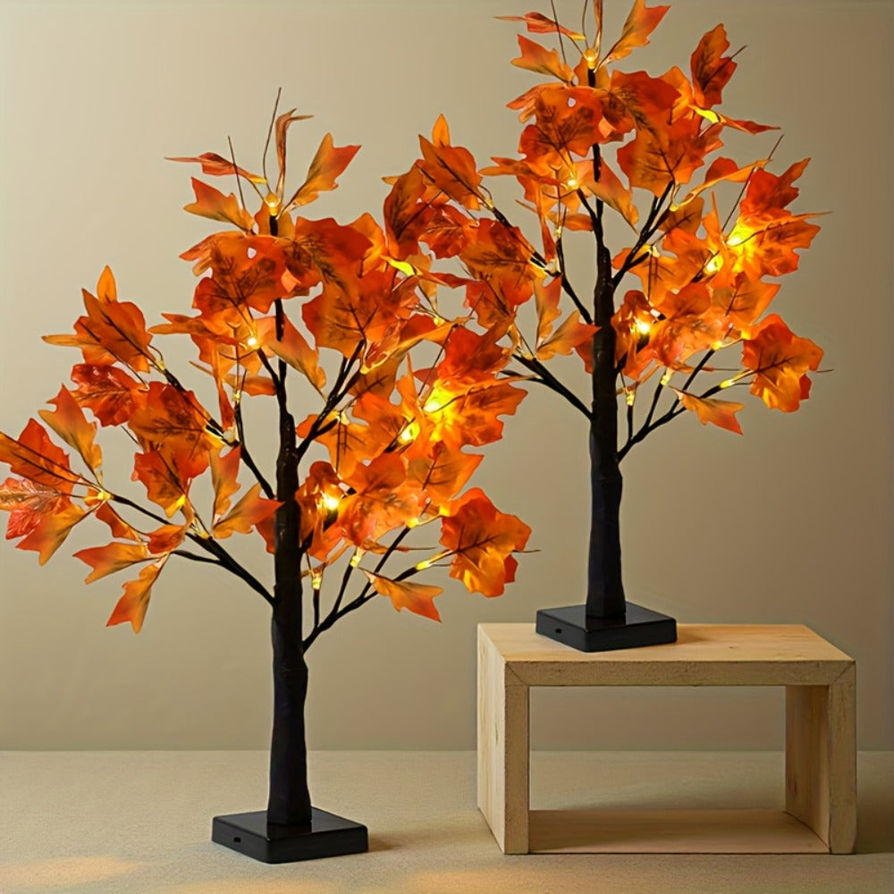 LED Maple Leaf Tree Decor Light Up Desktop Ornament 2 Pack | 24 LED Battery Powered Warm Light | Autumn Thanksgiving Table Lamp for Home Bedroom Party Wedding Holiday Gift