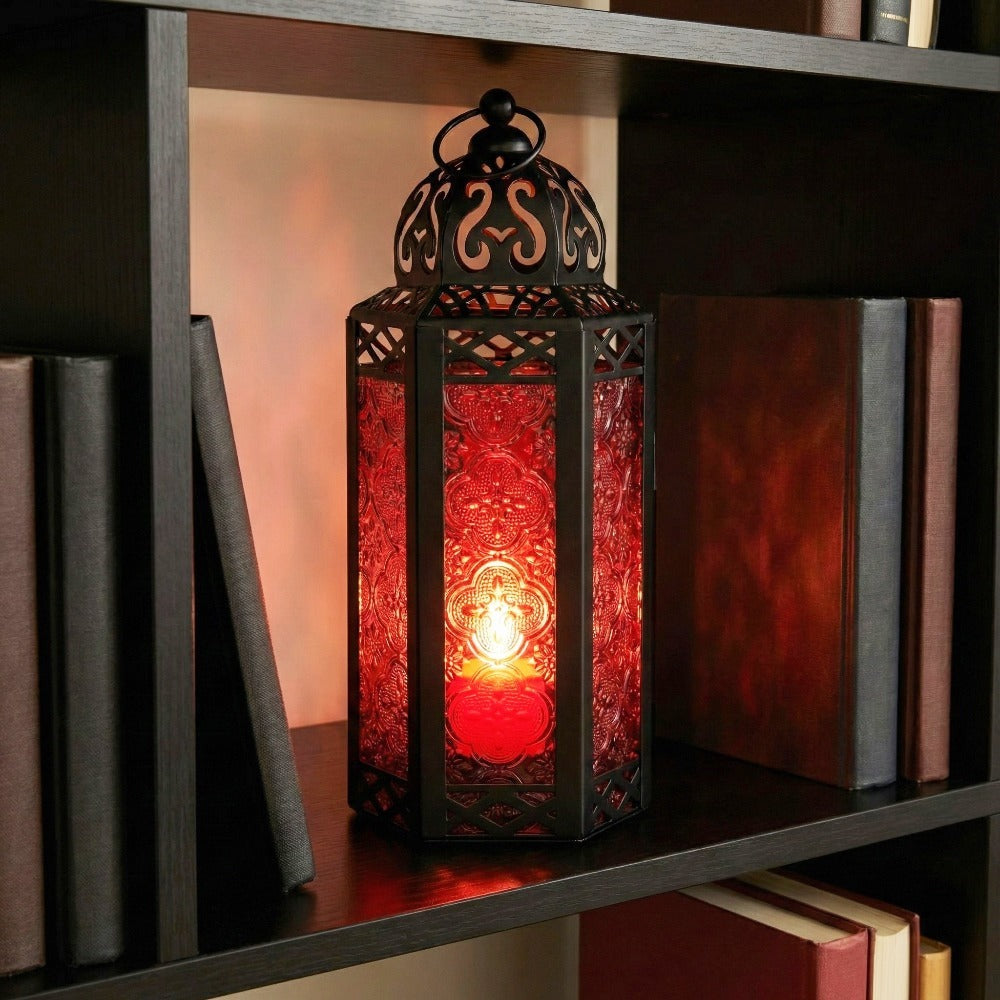 Moroccan Candle Lantern Holder - Decorative Metal & Glass Lantern with Embossed Floral Design for Indoor Home Decor, Garden, Patio, Weddings, Ramadan, Halloween & Holiday Celebrations - 10.5¡± Tall Medium Size