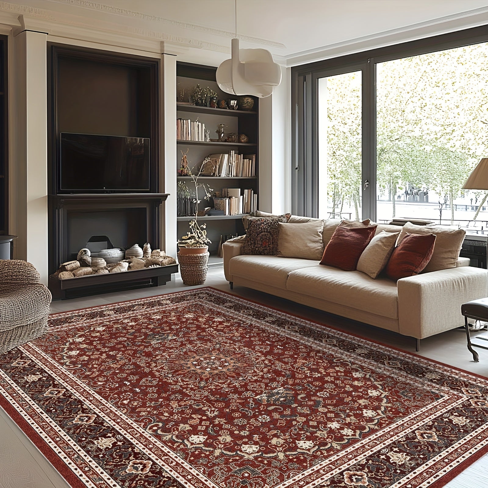 Moroccan Boho Area Rug Machine Washable Low Pile Soft Indoor Carpet for Living Room Bedroom Office Neutral Blue Brown Red Multi-Size