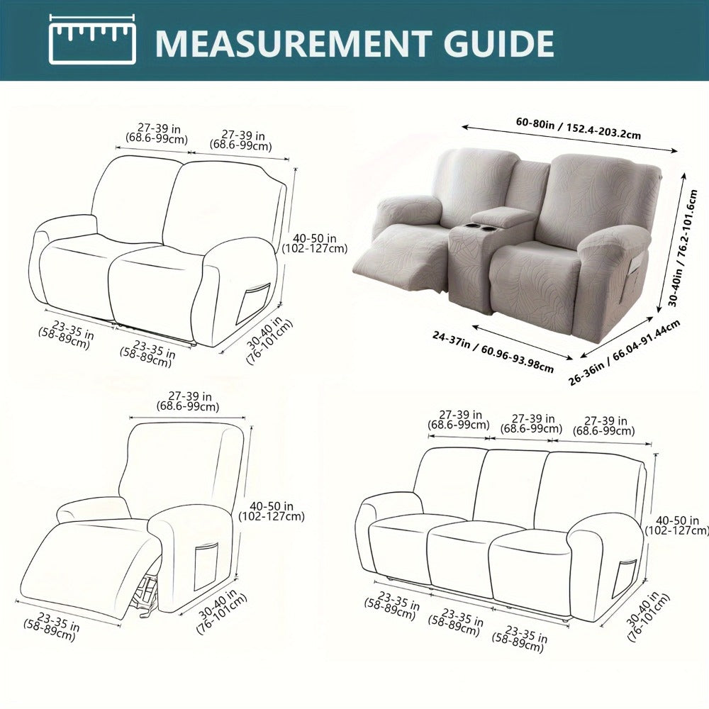 Jacquard Stretch Sofa Recliner Cover Big Leaves - High Stretch Soft Washable Slipcover for 1 2 3 Seat Loveseat with Console Furniture Protector Home Decor, 6 Colors