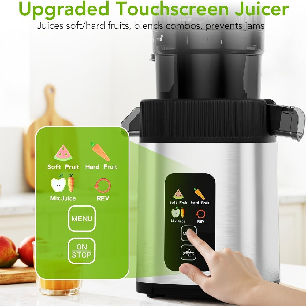 Cold Press Juicer Machine with Large Feed Chute - Slow Masticating Juicer for Whole Fruits & Vegetables, High Juice Yield, Easy to Assemble & Clean, LED Display Option, Silver, for Home & Kitchen