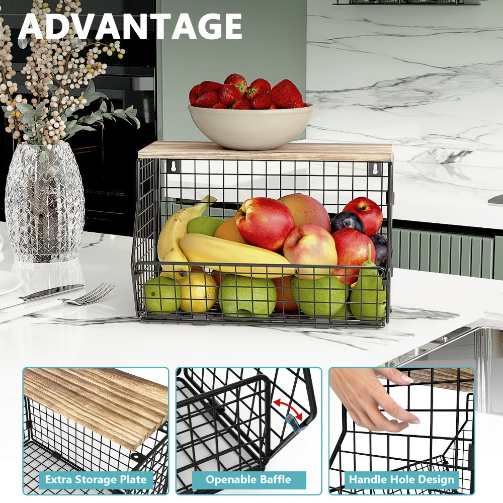 Stackable Metal Wire Fruit Basket with Lid ¨C 1 or 2-Tier Hanging Kitchen Pantry Storage Bin, Wall-Mounted or Countertop Vegetable Organizer for Potato, Onion & Produce, Black