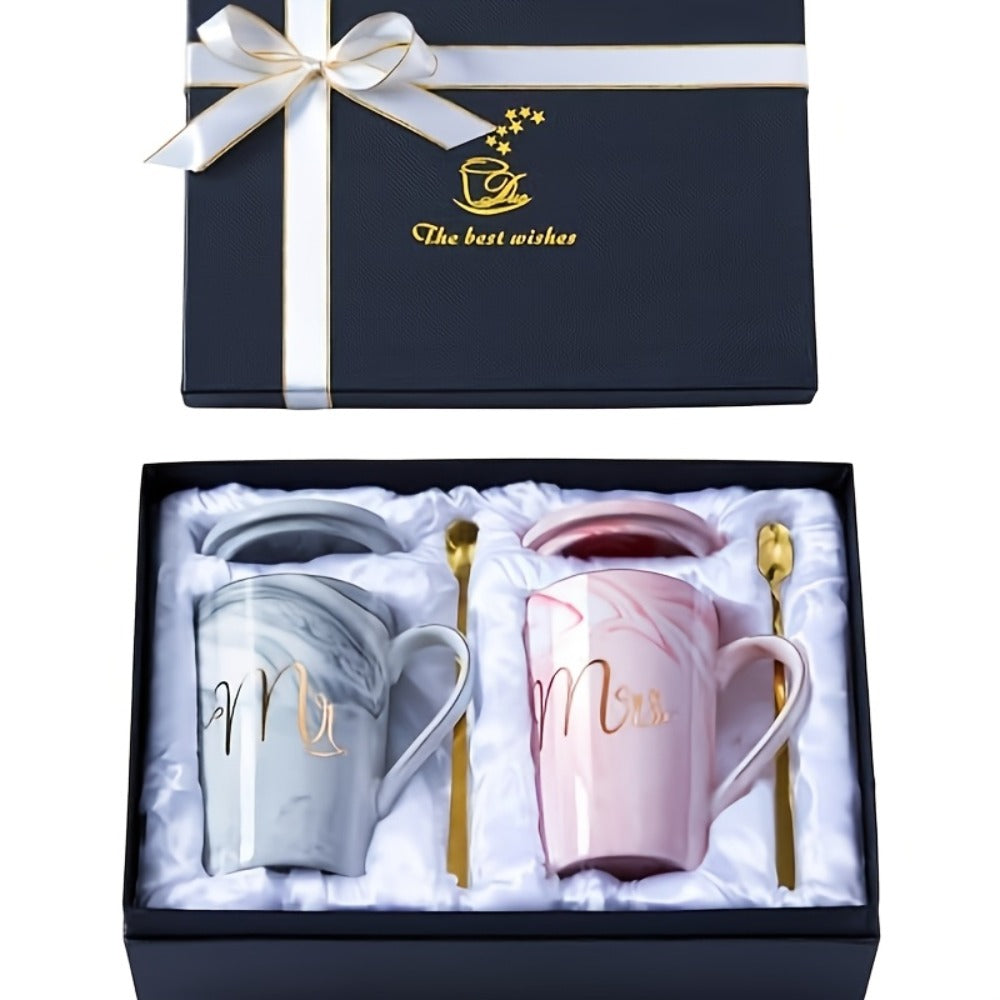 Mr and Mrs Mugs Wedding Gift Set 14oz Ceramic Marble ¨C Bride and Groom Couples Mugs | Bridal Shower Engagement Anniversary Gift | Reusable Grey Pink Couple Coffee Mugs