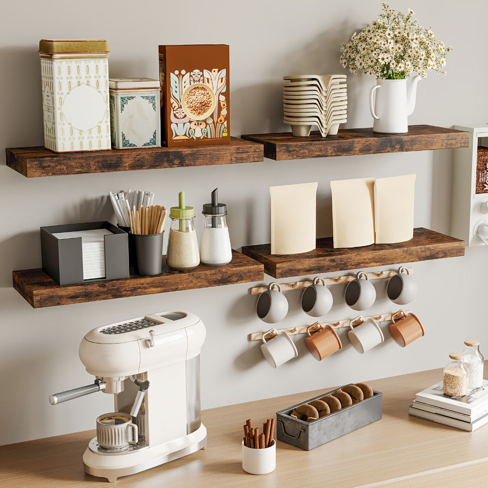 Floating Wall Shelves Set of 4, Retro Style Wall Mounted Shelves with Invisible Brackets for Bathroom Living Room Bedroom Kitchen, Brown Black White Gray Home Decor Display