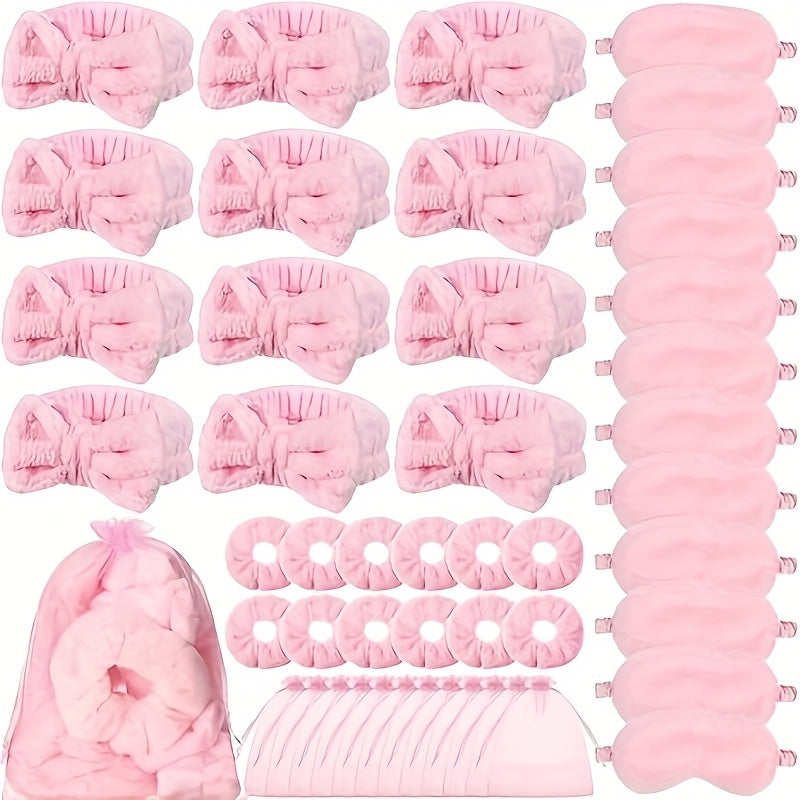 Spa Party Favors 48 Pack Pink Princess Theme - 12 Headbands 12 Sleep Masks 12 Hair Bands 12 Organza Gift Bags for Bachelorette Party Bridal Shower Girls Spa Night Birthday Mother's Day Supplies