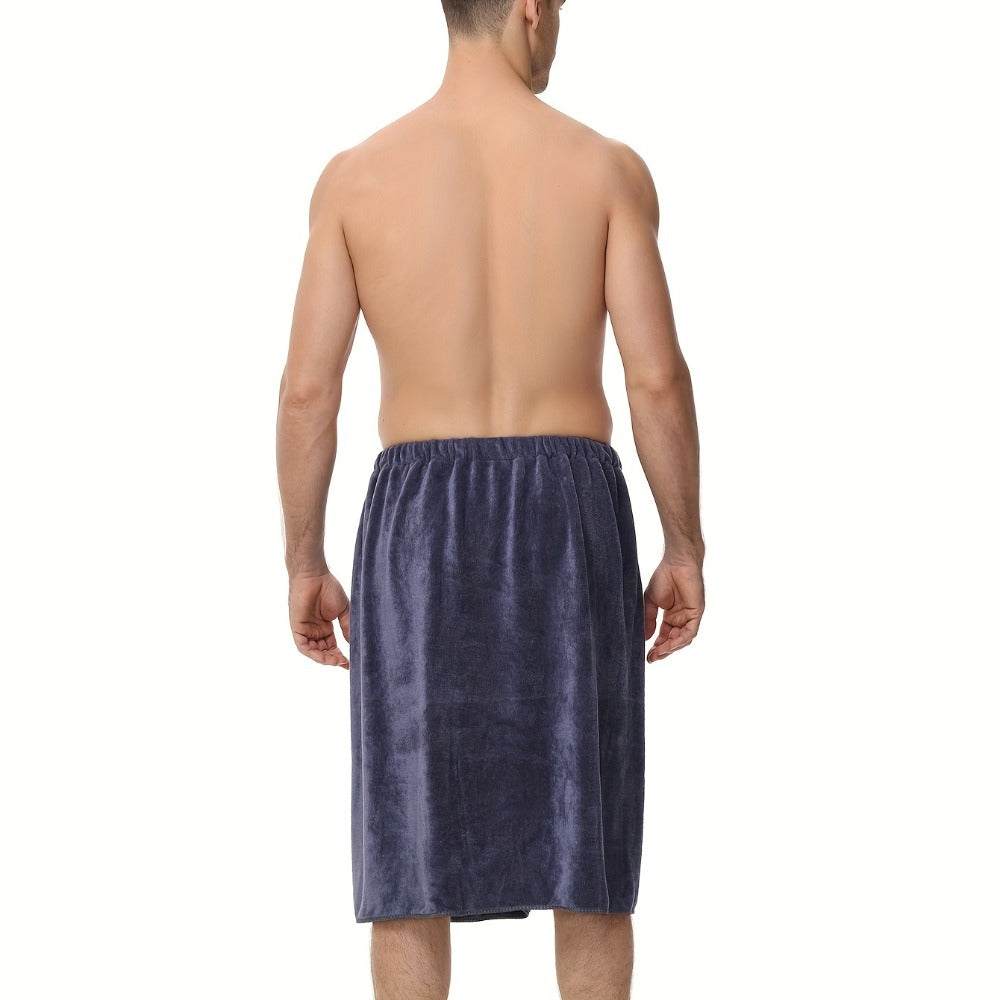 Wearable Bath Towel for Men - Soft Absorbent Suede Microfiber Bathrobe Wrap 320GSM Solid Color Quick Dry Shower Towel | Blue Brown | Spa Gym Bathroom Robe Towel Modern Style Men Gift