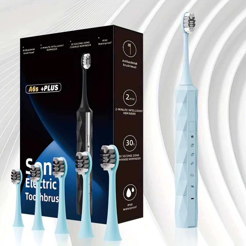 Sonic Electric Toothbrush IPX8 Waterproof ¨C USB Rechargeable, Smart Timer, Metal Handle, 5 Replacement Brush Heads, Soft Bristles for Adults Men & Women ¨C Black & Blue