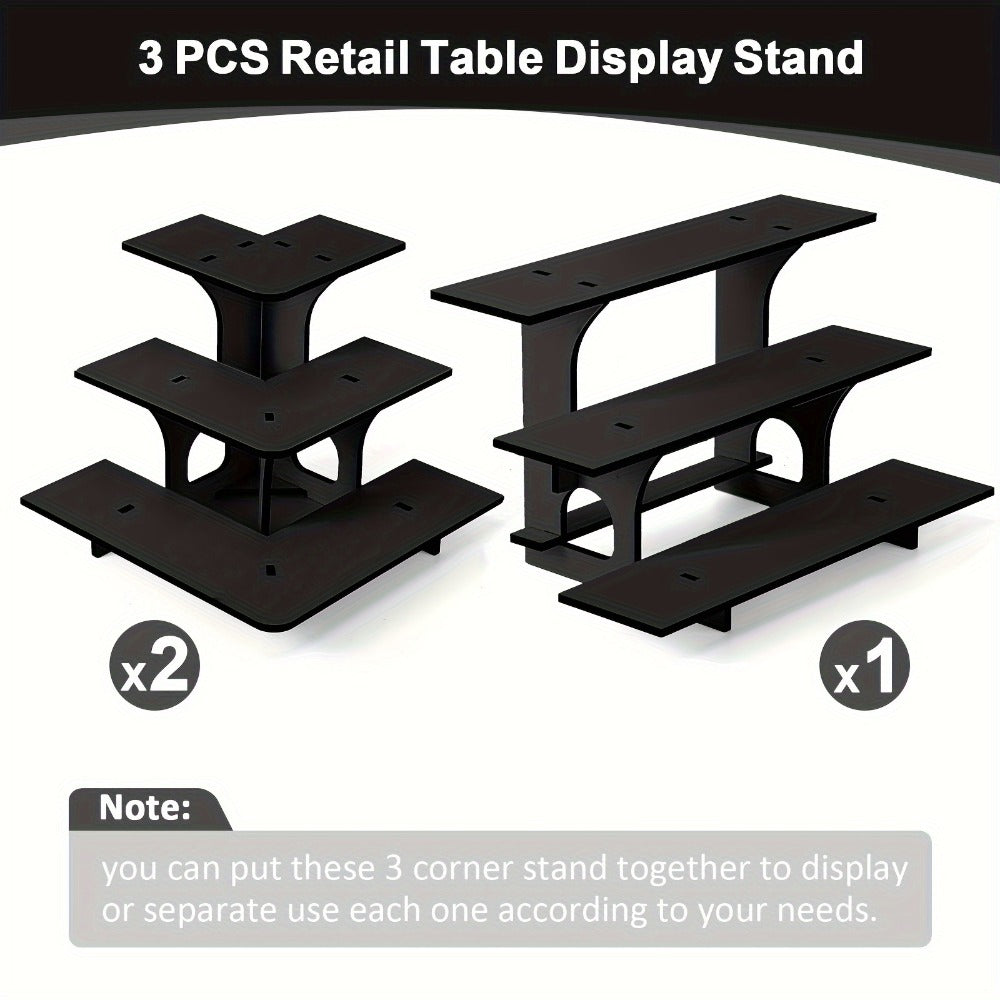 3-Tier Wooden Corner Display Stand Set of 3 Portable Shelf Rack for Retail Tabletop & Countertop - Craft Show, Farmers Market & Trade Show Small Product Display Rack, Vintage Black Wood Organizer