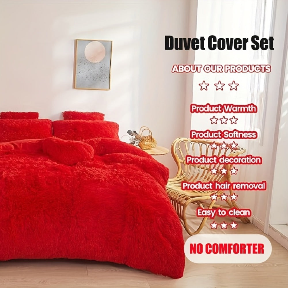 Fluffy Bedding Set 4pcs Soft Warm Plush Duvet Cover with Pillowcases Queen King - Cozy Autumn Winter Comforter Set 8 Colors