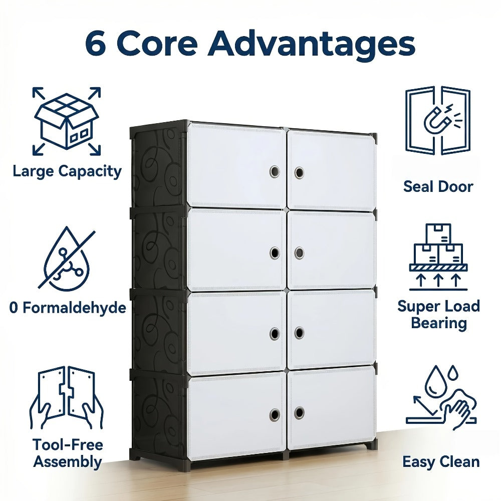 Modular Storage Cabinet with Magnetic Door, 3-Tier & 4-Tier Closet Organizer, Large Capacity Wardrobe Storage Unit, Dust-Proof Odor-Free Stackable Shelves, Easy Assembly for Bedroom Dorm Apartment Living Room