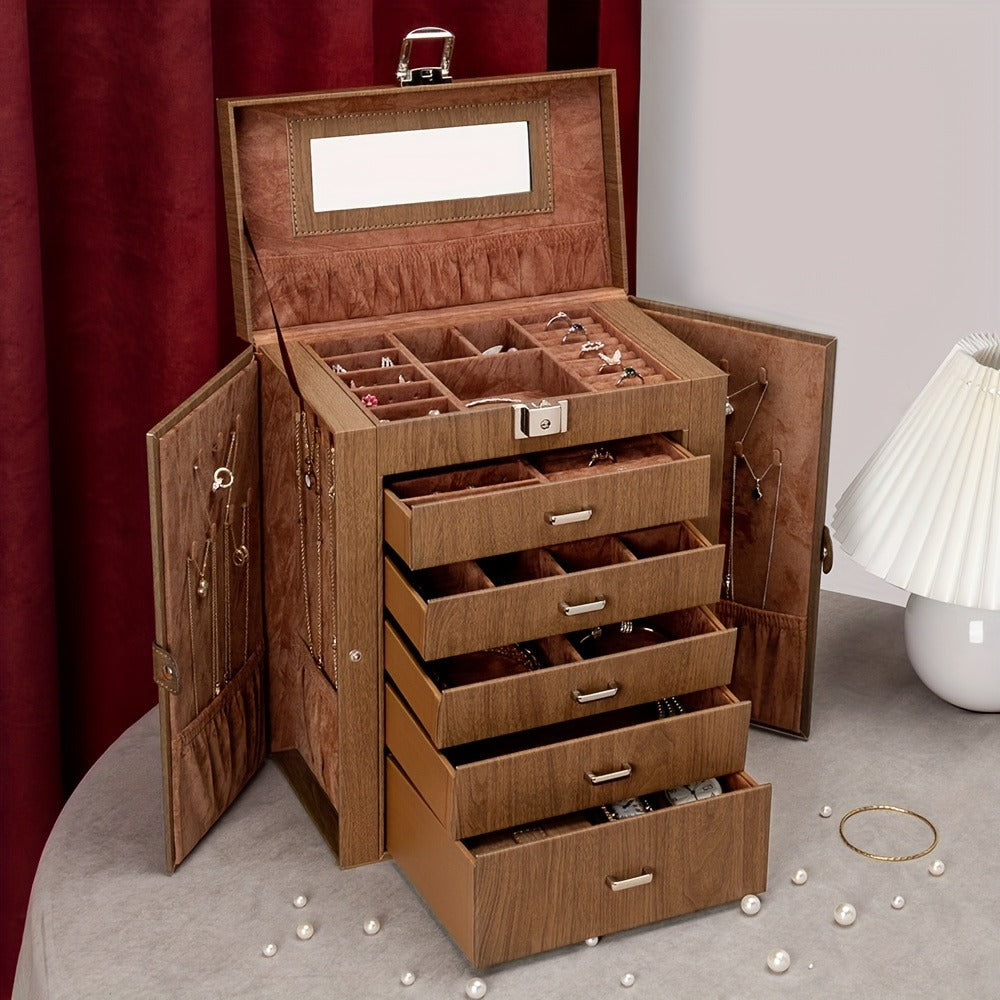 Jewelry Box 6 Tier with 5 Drawers Mirror & Lock | Large Jewelry Organizer Storage Case Gift for Women