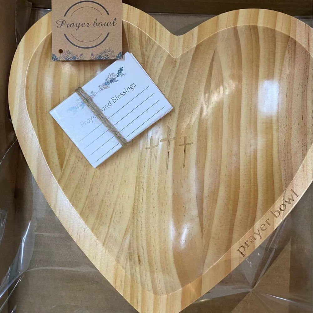 Wooden Prayer Bowl with 24 Prayer Cards ¨C Hand-Carved Heart Shaped Cross Engraved Vintage Religious Gift Set for Easter, Christmas, Thanksgiving, Home Altar & Prayer Room Tabletop Decor