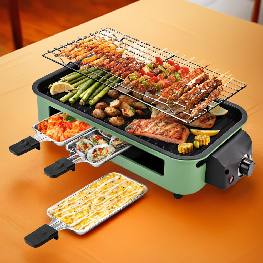 Indoor Electric Smokeless Grill 1500W ¨C Raclette Table Grill with 3 Mini Pans, 16x9¡± Non-Stick Detachable Plate, Dishwasher Safe, Portable for Home Kitchen