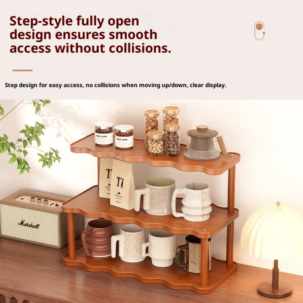 Ladder Cup Holder Rack 2-3 Tier Wave Style | Countertop Organizer for Coffee Mugs Teacups Water Glasses | Kitchen Counter Dining Table Entryway Dessert Display Shelf Brown