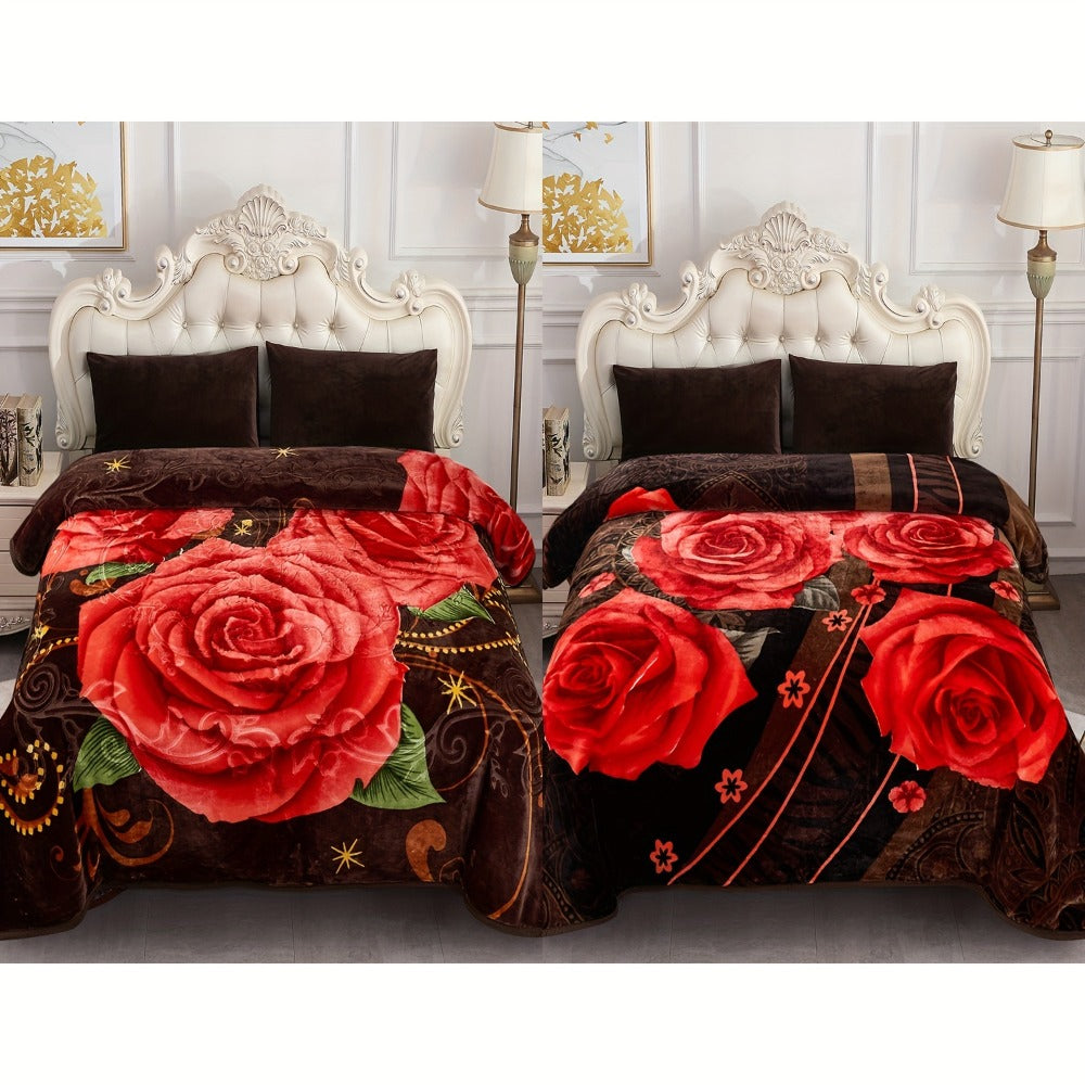 Reversible Plush Blanket 2-Ply 520GSM Milk Velvet - Soft Warm Queen King Size Blanket with Vibrant Animal & Floral Designs, All-Season Bed Couch Throw