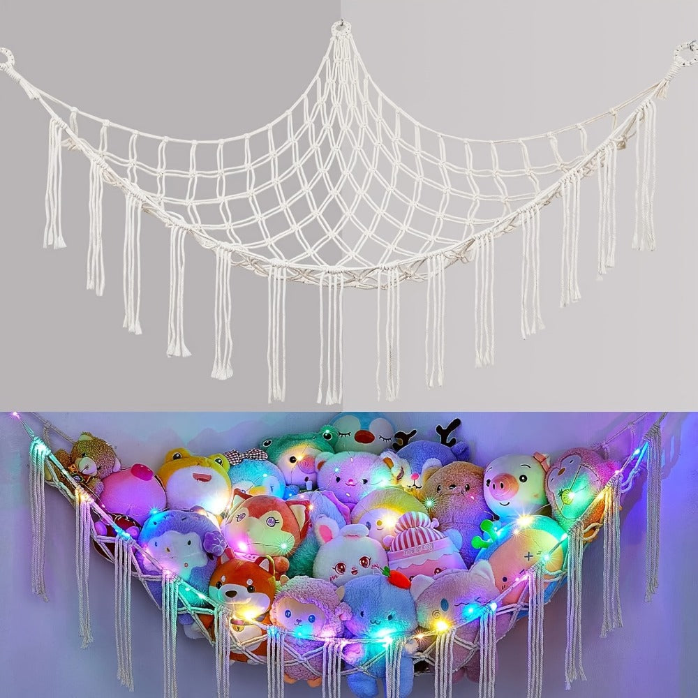 Stuffed Animal Storage Hammock with Lights Corner Hanging Toy Net Organizer for Nursery Bedroom Kids Room Decor Plush Toy Holder Christmas Halloween Easter Gift