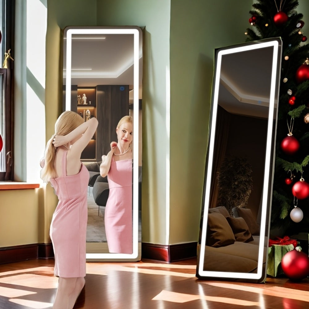 Full Length Mirror with LED Lights & Touch Sensor ¨C 64¡±x21¡± Dimmable Smart Floor Mirror, Wall Mount or Freestanding, Slim Modern Frame for Bedroom, Vanity & Dressing Room